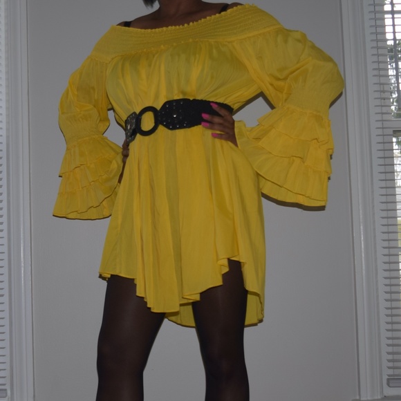 Gracia Smocked Off-the-shoulder Ruffle Sleeve Dress in Yellow - Picture 1 of 5
